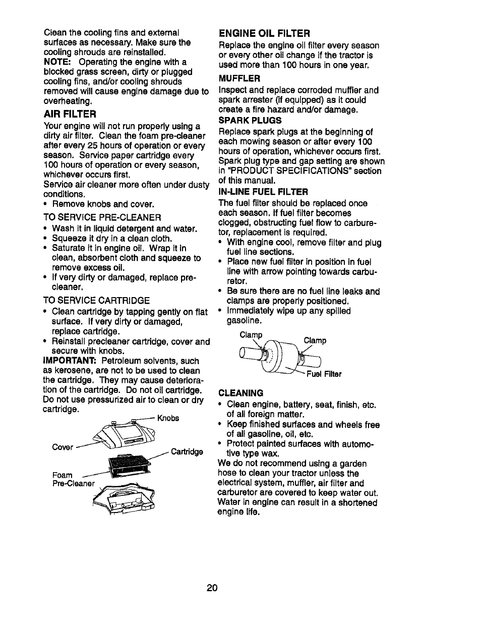 Air filter, Engine oil filter, Muffler | Cleaning | Craftsman 917.270752 User Manual | Page 20 / 240