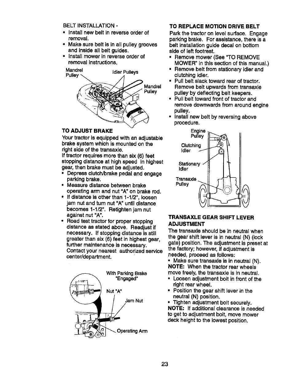 To adjust brake, Transaxle gear shift lever adjustment | Craftsman 917.270752 User Manual | Page 23 / 240