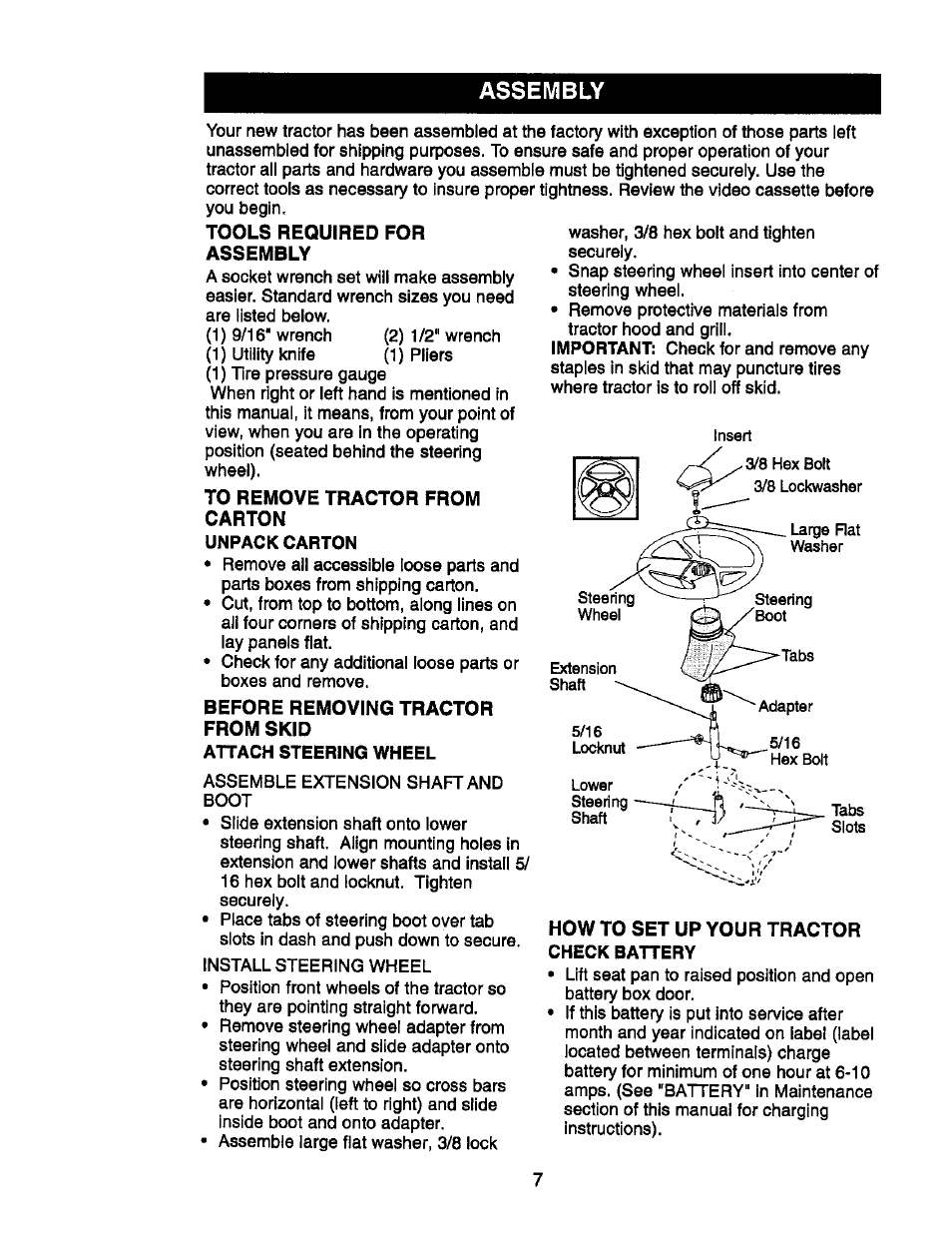 Tools required for assembly, To remove tractor from, Carton | Before removing tractor from skid, How to set up your tractor, Assembly | Craftsman 917.270752 User Manual | Page 7 / 240