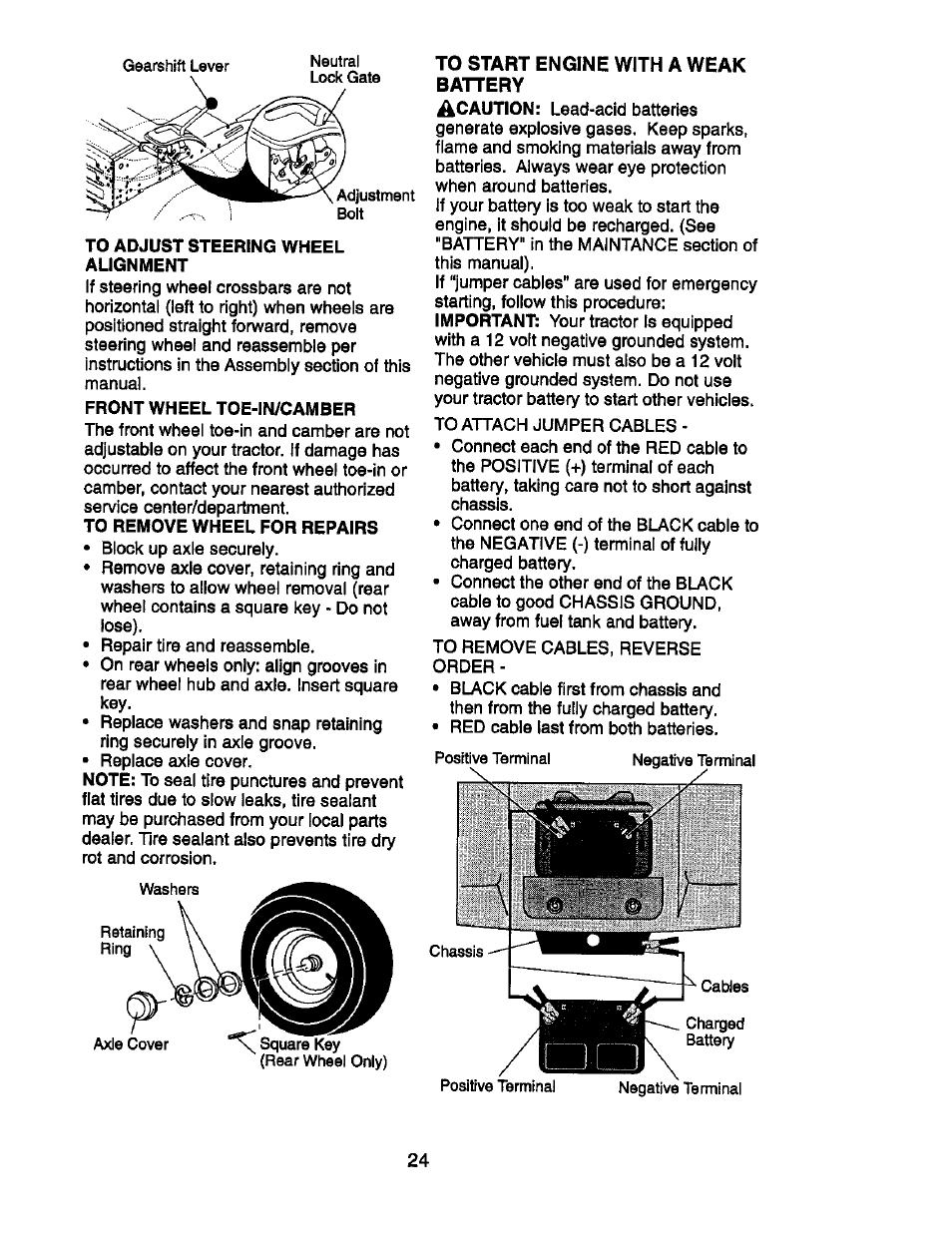 To adjust steering wheel alignment, Front wheel toe-in/camber, To remove wheel for repairs | To start engine with a weak battery | Craftsman 917.270752 User Manual | Page 84 / 240