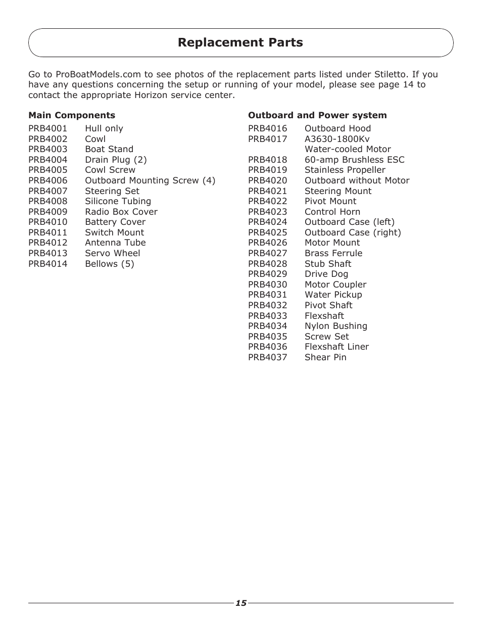 Replacement parts | Pro Boat PRB4000BDC User Manual | Page 15 / 16