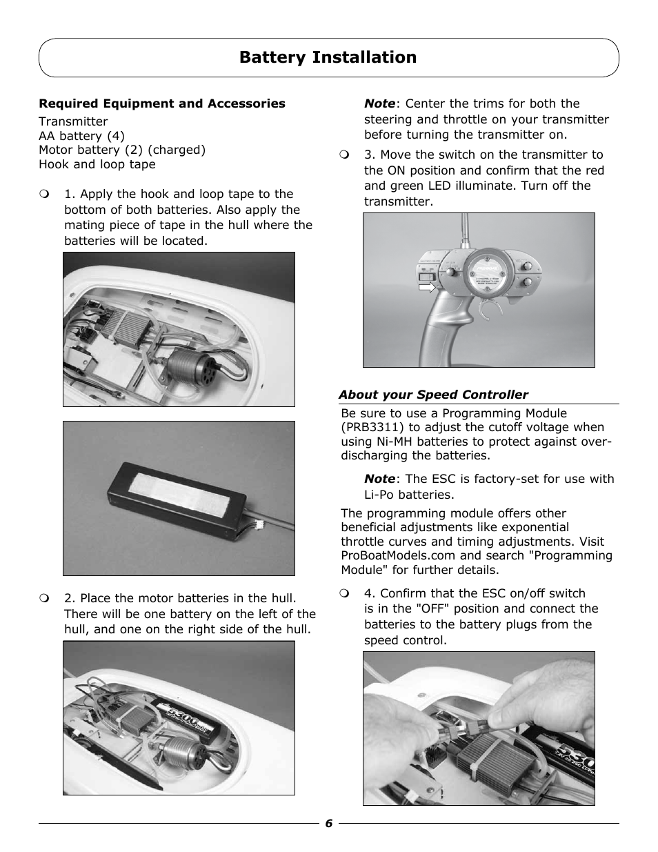 Battery installation | Pro Boat PRB4075 User Manual | Page 6 / 16