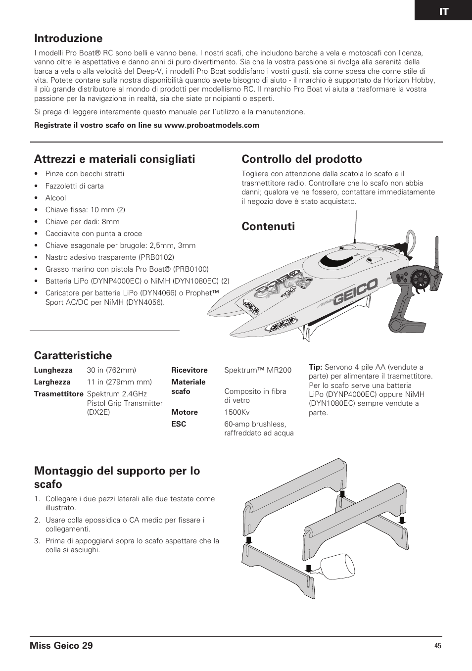 Introduzione, Caratteristiche, Attrezzi e materiali consigliati | Controllo del prodotto, Contenuti montaggio del supporto per lo scafo | Pro Boat PRB4100B User Manual | Page 45 / 60