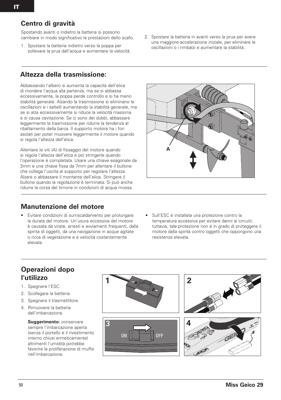 Altezza della trasmissione, Centro di gravità, Manutenzione del motore | Operazioni dopo l'utilizzo | Pro Boat PRB4100B User Manual | Page 50 / 60