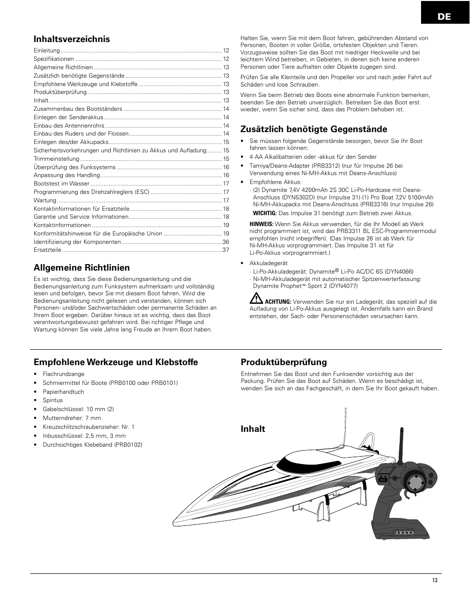 De inhaltsverzeichnis, Allgemeine richtlinien, Zusätzlich benötigte gegenstände | Empfohlene werkzeuge und klebstoffe, Produktüberprüfung, Inhalt | Pro Boat PRB4250 User Manual | Page 13 / 40
