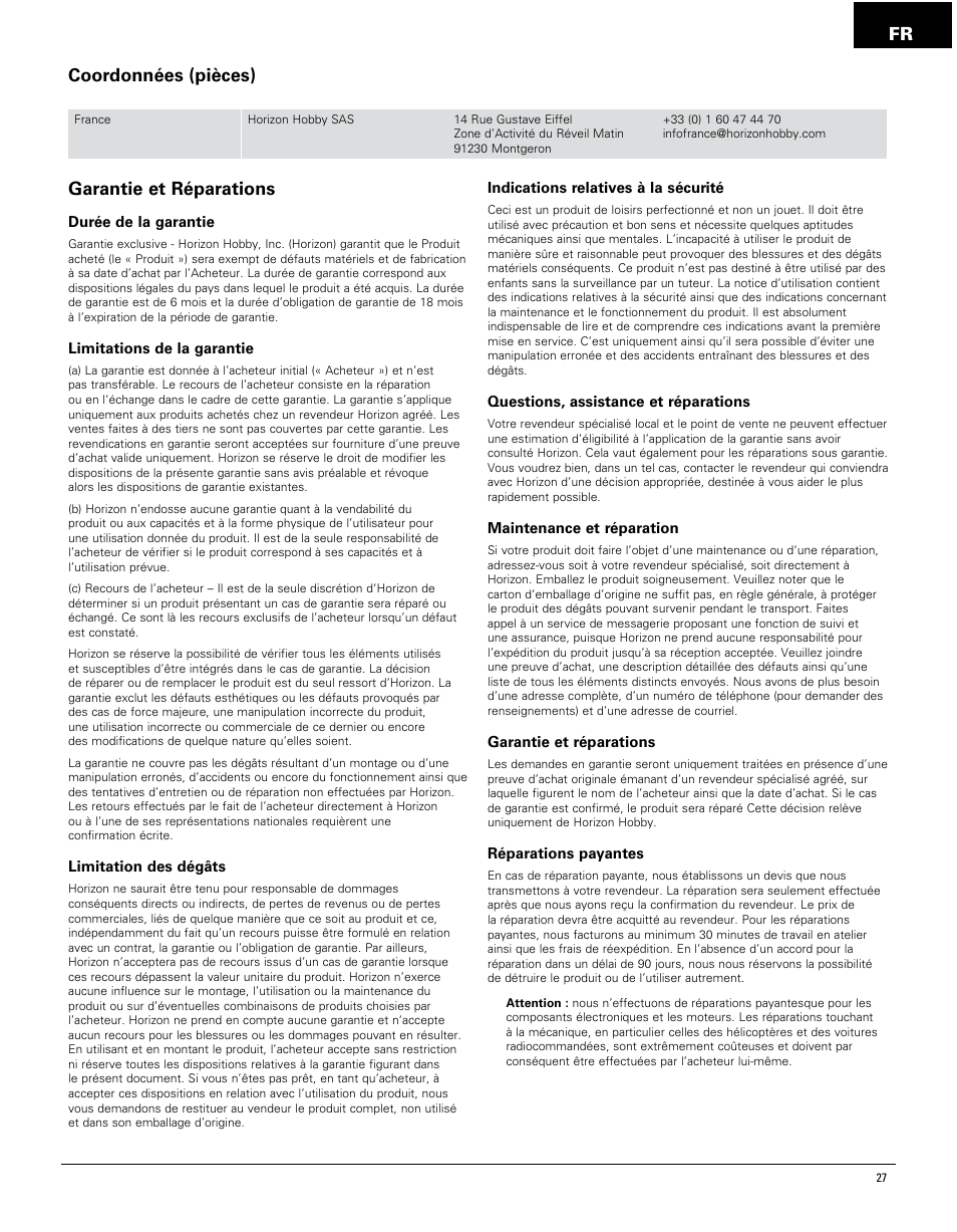 Fr garantie et réparations, Coordonnées (pièces) | Pro Boat PRB4250 User Manual | Page 27 / 40