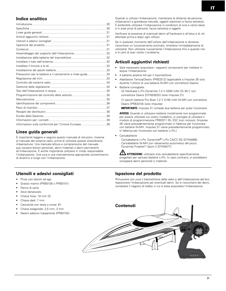 It indice analitico, Linee guida generali, Articoli aggiuntivi richiesti | Utensili e adesivi consigliati, Ispezione del prodotto, Contenuti | Pro Boat PRB4250 User Manual | Page 31 / 40