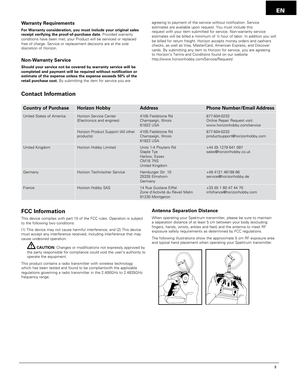 En fcc information, Contact information | Pro Boat PRB4250 User Manual | Page 9 / 40