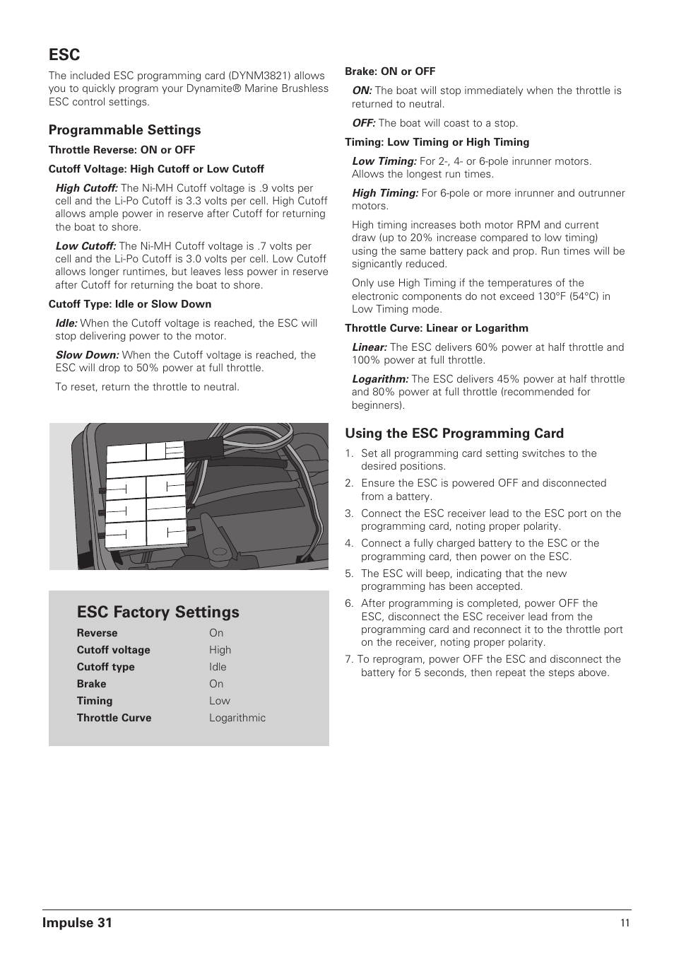 Esc factory settings, Impulse 31, Programmable settings | Using the esc programming card | Pro Boat PRB4250B User Manual | Page 11 / 20