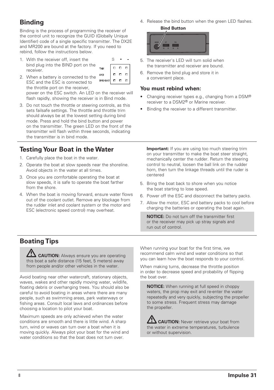 Testing your boat in the water, Boating tips, Binding | Impulse 31, You must rebind when | Pro Boat PRB4250B User Manual | Page 8 / 20