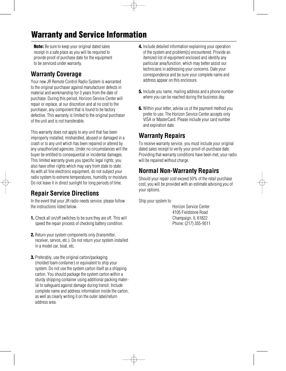 Warranty and service information, Warranty repairs, Normal non-warranty repairs | Warranty coverage, Repair service directions | Pro Boat JR XR3i User Manual | Page 39 / 40