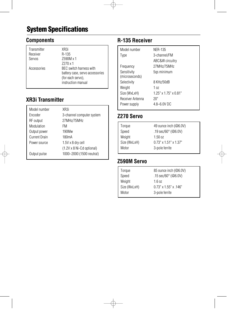 System specifications, Xr3i transmitter, Z590m servo | Pro Boat JR XR3i User Manual | Page 6 / 40