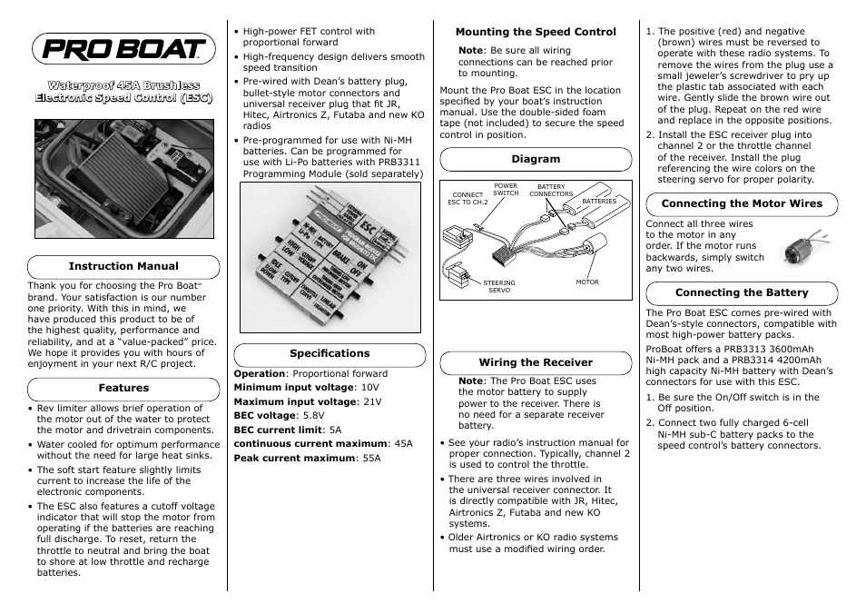 Pro Boat Waterproof 45A Brushless ESC User Manual | 4 pages