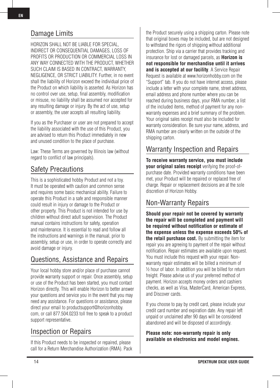 Damage limits, Safety precautions, Questions, assistance and repairs | Inspection or repairs, Warranty inspection and repairs, Non-warranty repairs | Pro Boat DX3E User Manual | Page 14 / 68