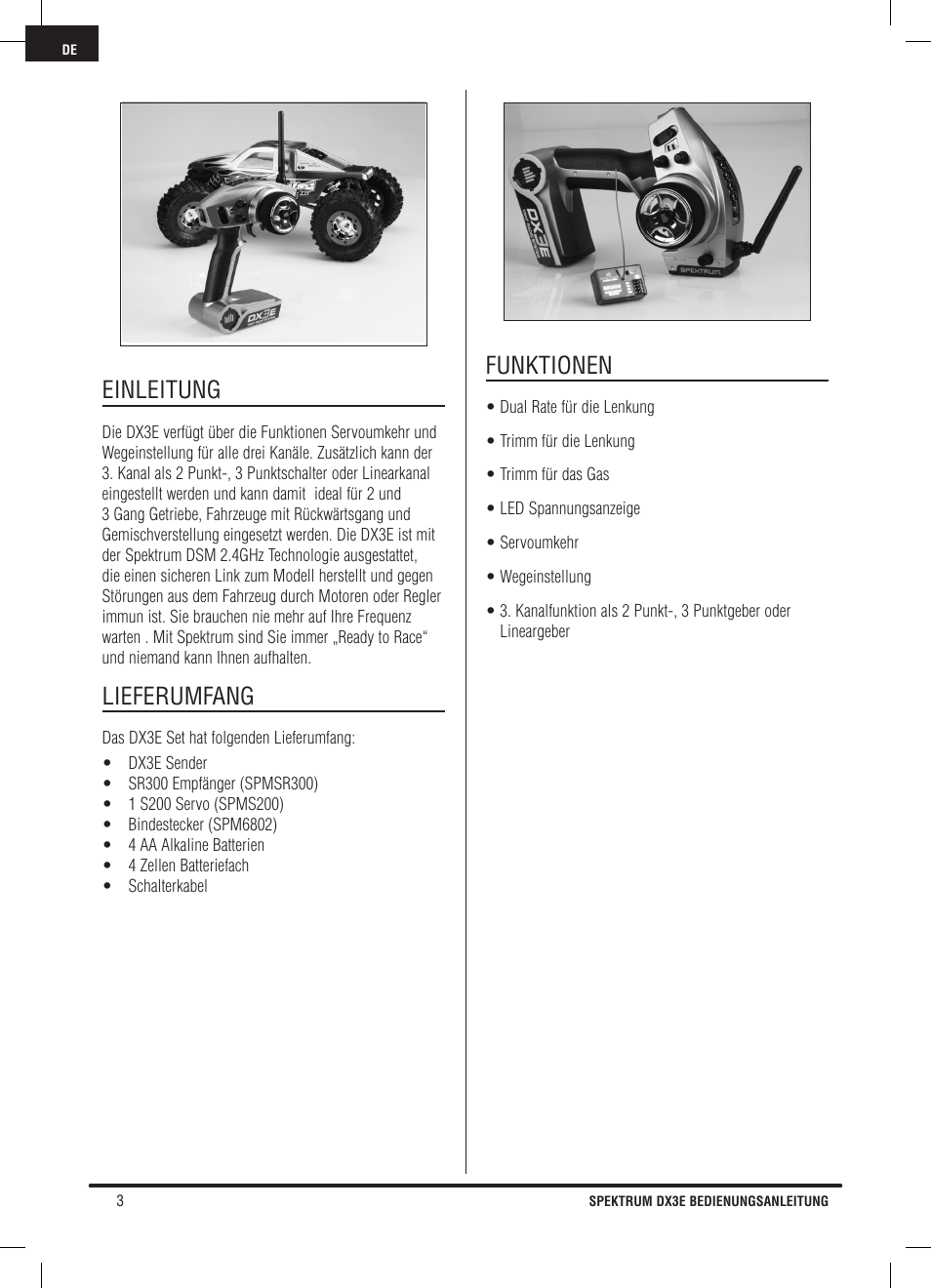 Einleitung, Lieferumfang, Funktionen | Pro Boat DX3E User Manual | Page 20 / 68