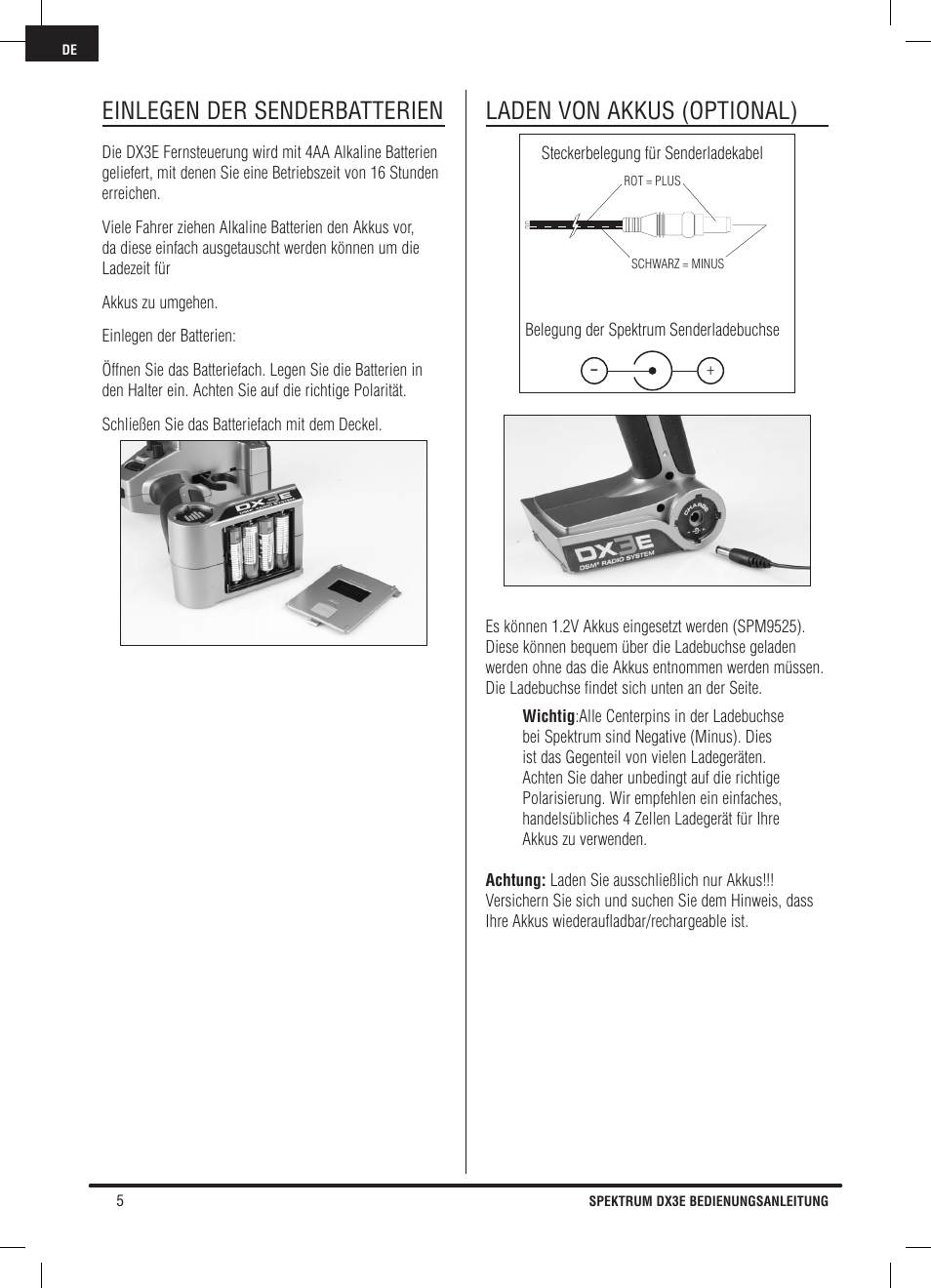 Einlegen der senderbatterien, Laden von akkus (optional) | Pro Boat DX3E User Manual | Page 22 / 68