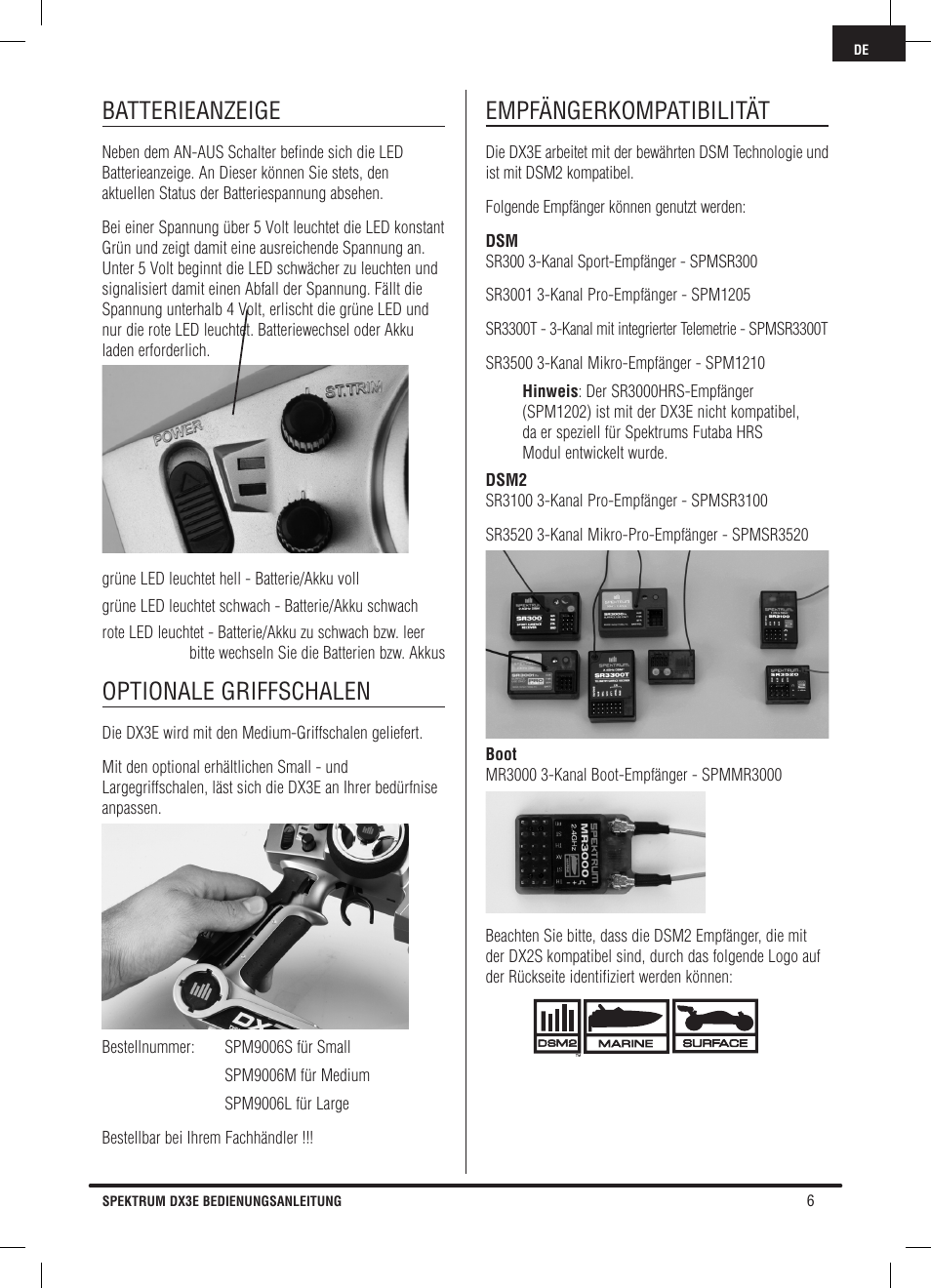 Batterieanzeige, Optionale griffschalen, Empfängerkompatibilität | Pro Boat DX3E User Manual | Page 23 / 68