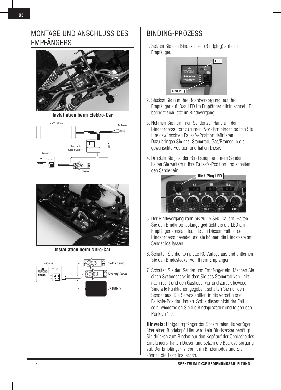 Montage und anschluss des empfängers, Binding-prozess | Pro Boat DX3E User Manual | Page 24 / 68