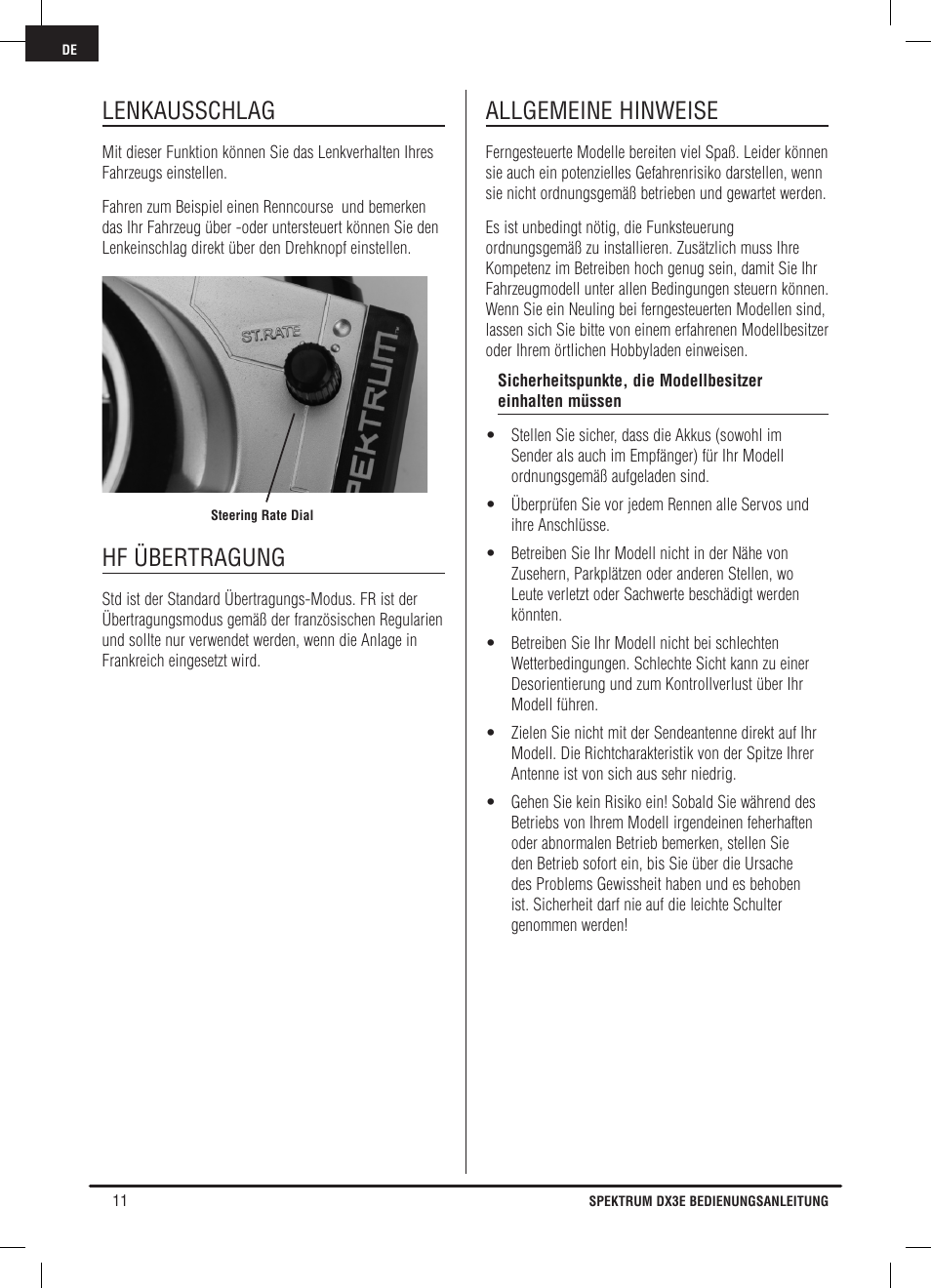 Lenkausschlag, Hf übertragung, Allgemeine hinweise | Pro Boat DX3E User Manual | Page 28 / 68