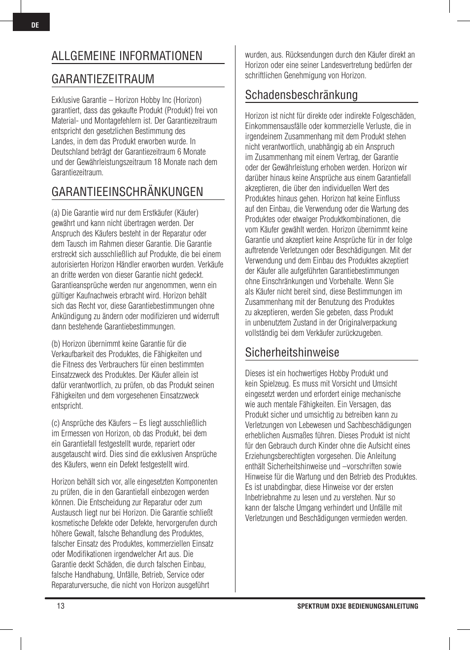 Allgemeine informationen garantiezeitraum, Garantieeinschränkungen, Schadensbeschränkung | Sicherheitshinweise | Pro Boat DX3E User Manual | Page 30 / 68