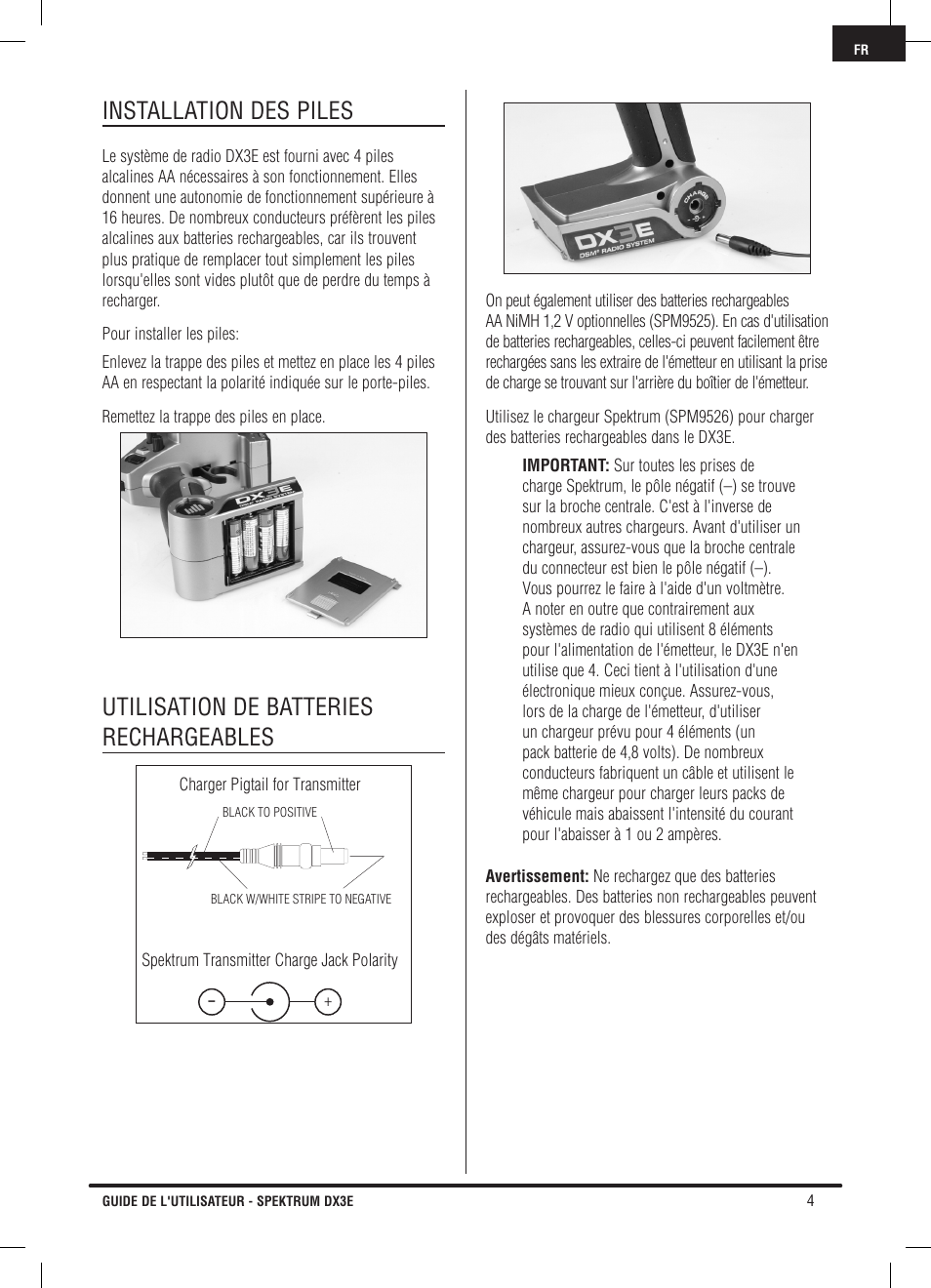 Installation des piles, Utilisation de batteries rechargeables | Pro Boat DX3E User Manual | Page 37 / 68