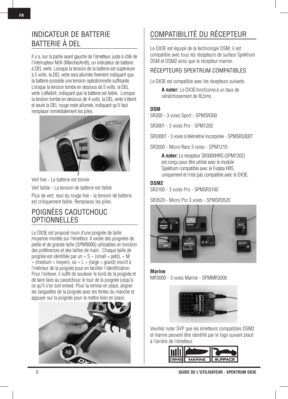 Indicateur de batterie batterie à del, Poignées caoutchouc optionnelles, Compatibilité du récepteur | Pro Boat DX3E User Manual | Page 38 / 68