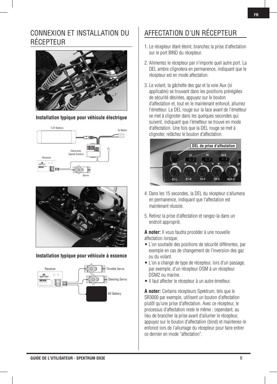 Connexion et installation du récepteur, Affectation d'un récepteur, Installation typique pour véhicule électrique | Installation typique pour véhicule à essence | Pro Boat DX3E User Manual | Page 39 / 68