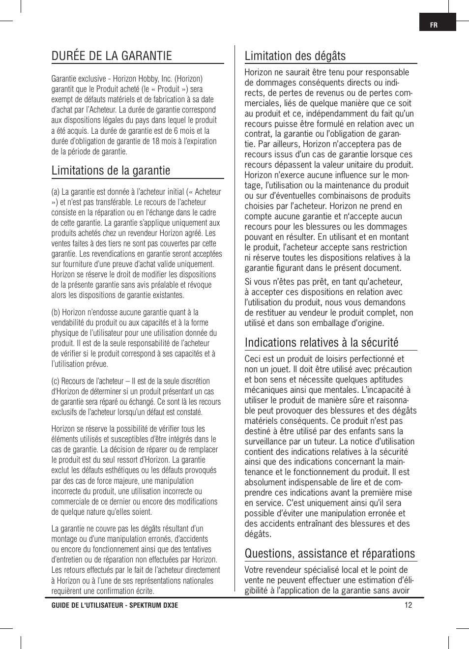 Durée de la garantie, Limitations de la garantie, Limitation des dégâts | Indications relatives à la sécurité, Questions, assistance et réparations | Pro Boat DX3E User Manual | Page 45 / 68