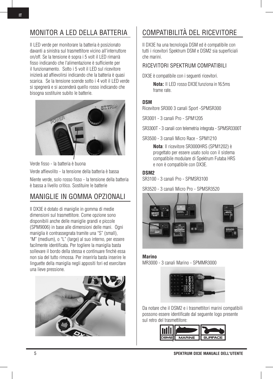 Monitor a led della batteria, Maniglie in gomma opzionali, Compatibilità del ricevitore | Pro Boat DX3E User Manual | Page 56 / 68