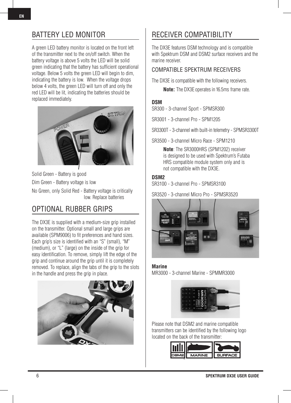 Battery led monitor, Optional rubber grips, Receiver compatibility | Pro Boat DX3E User Manual | Page 6 / 68