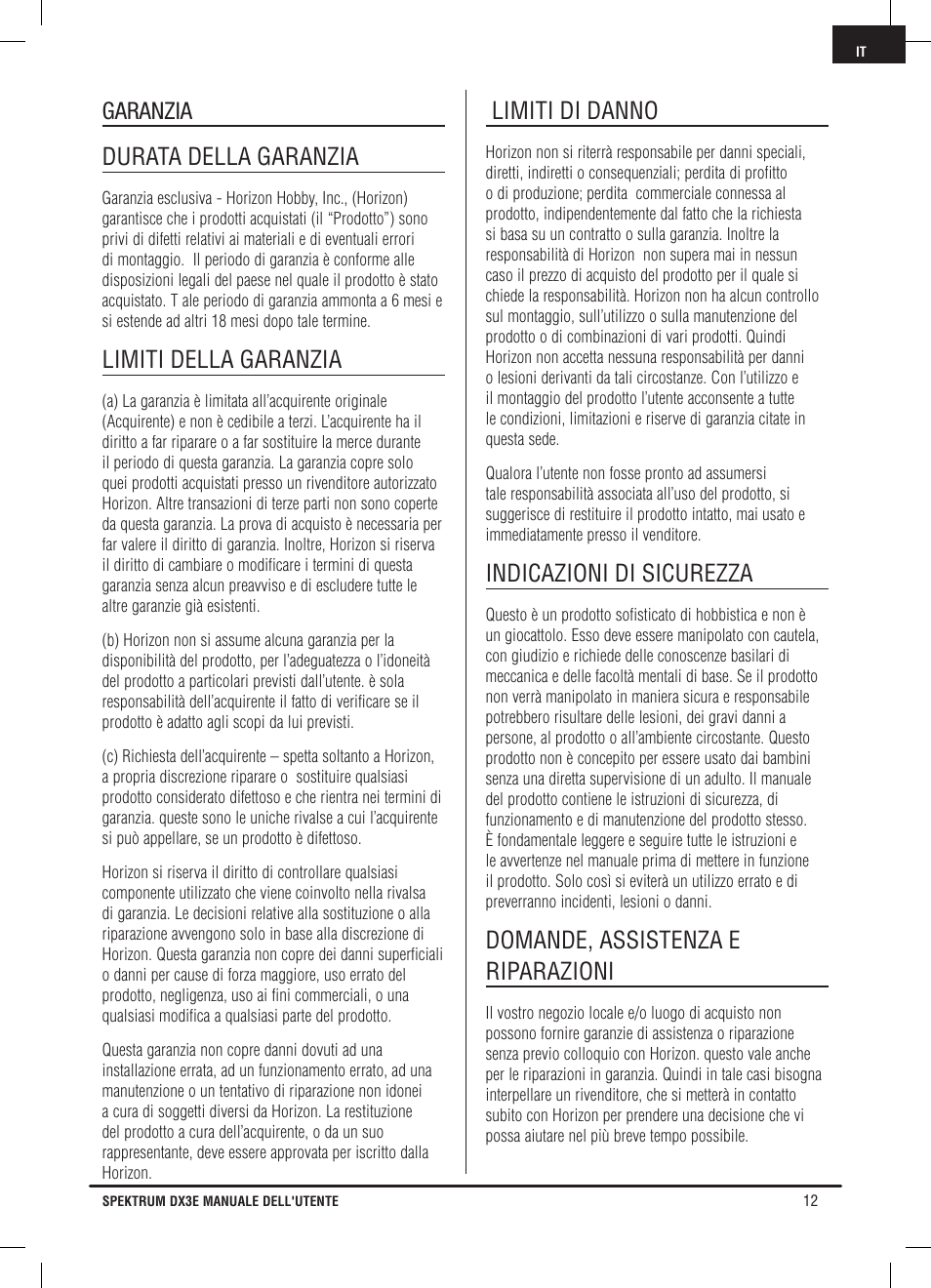 Garanzia durata della garanzia, Limiti della garanzia, Limiti di danno | Indicazioni di sicurezza, Domande, assistenza e riparazioni | Pro Boat DX3E User Manual | Page 63 / 68