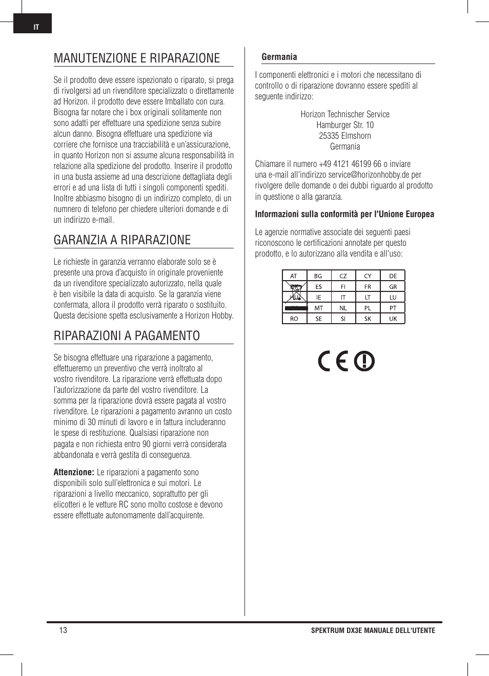 Manutenzione e riparazione, Garanzia a riparazione, Riparazioni a pagamento | Pro Boat DX3E User Manual | Page 64 / 68