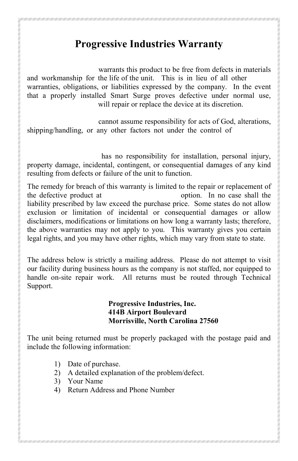 Progressive industries warranty | Progressive Industries SSP-30 User Manual | Page 3 / 4