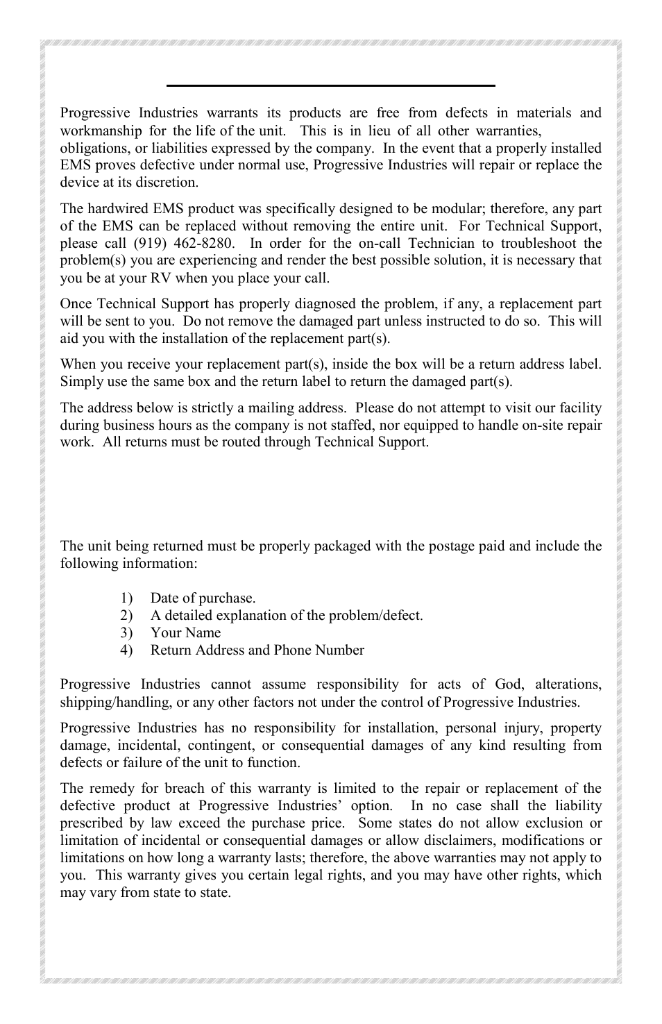 Progressive industries warranty | Progressive Industries EMS-HW50C User Manual | Page 12 / 12