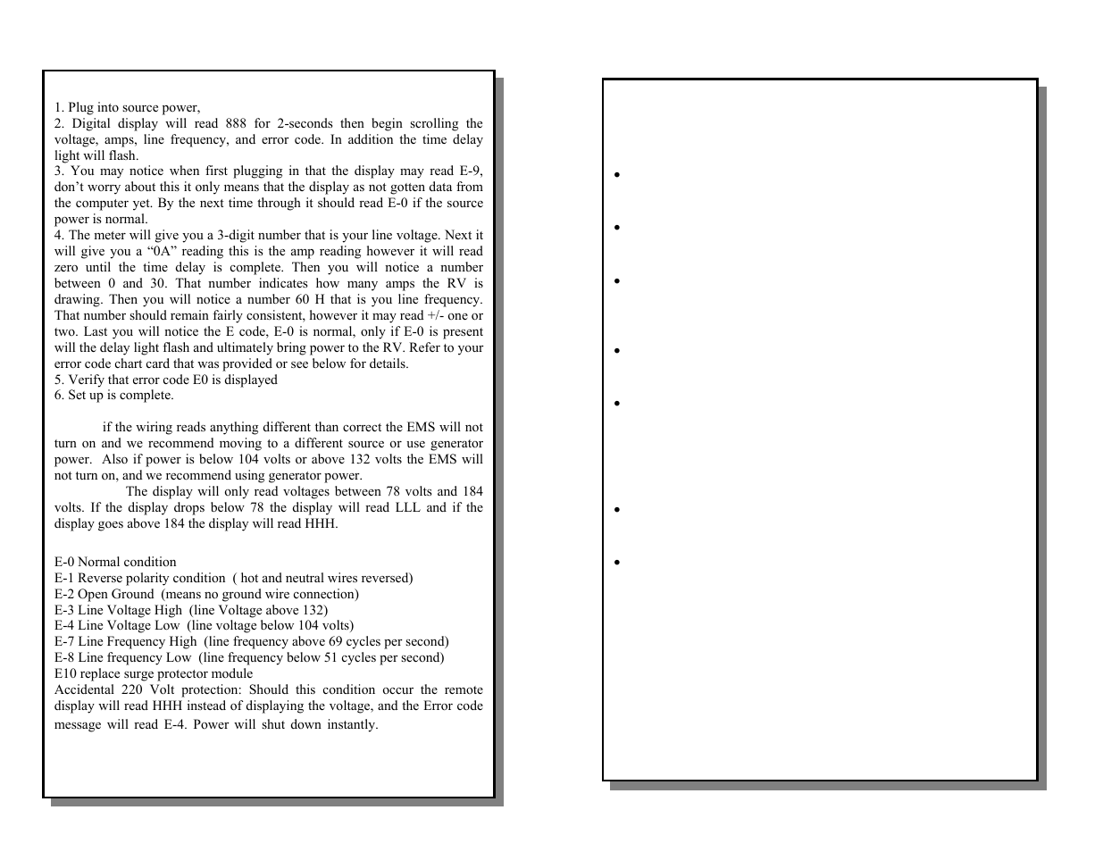 Warnings, Operation instructions, Error code chart | Progressive Industries EMS-LCHW30 User Manual | Page 3 / 5