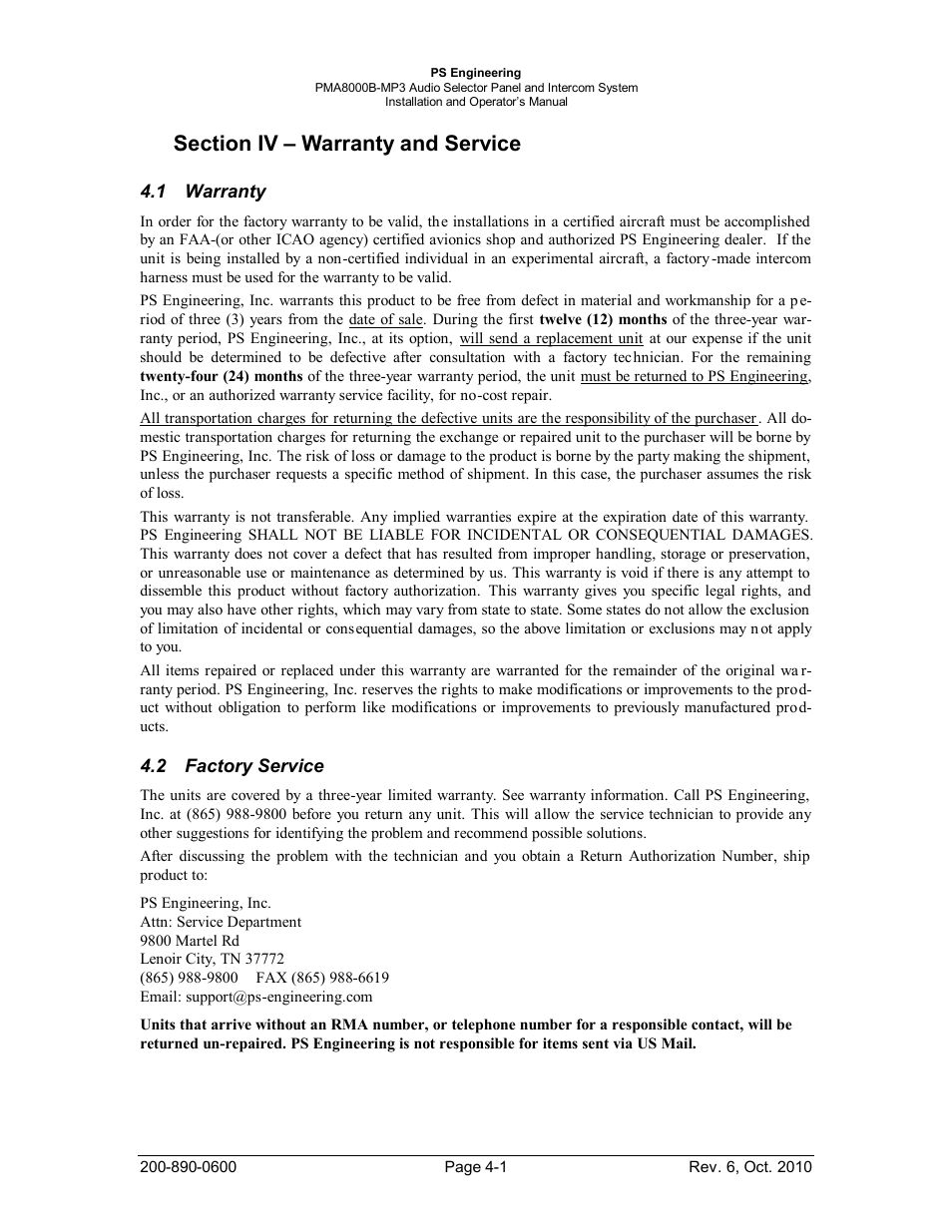 Section iv – warranty and service, Warranty, Factory service | Section iv – warranty and service -1, Arranty, Actory, Ervice | PS Engineering PMA8000MP3 Installation Manual User Manual | Page 35 / 41