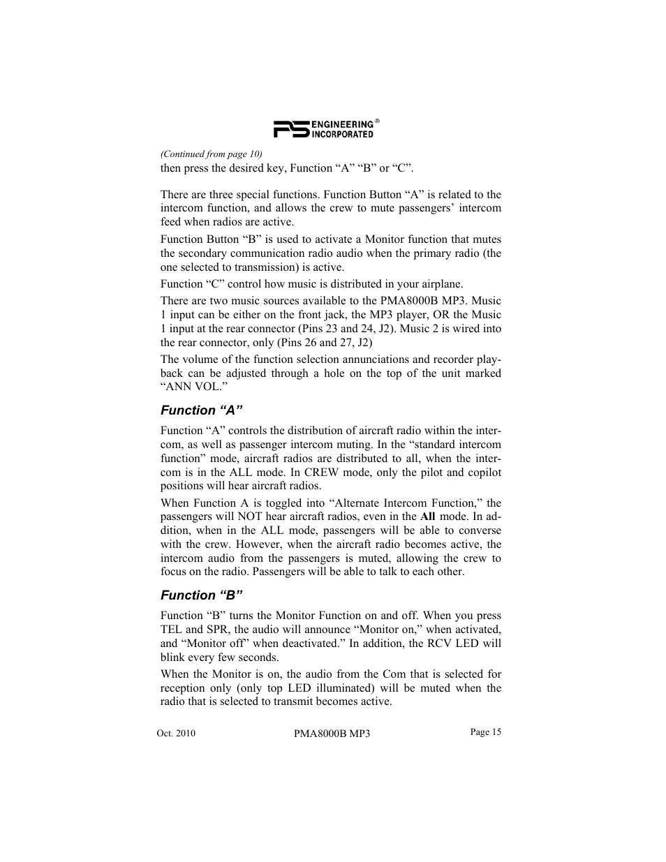 PS Engineering PMA8000MP3 Pilot’s Guide User Manual | Page 15 / 24