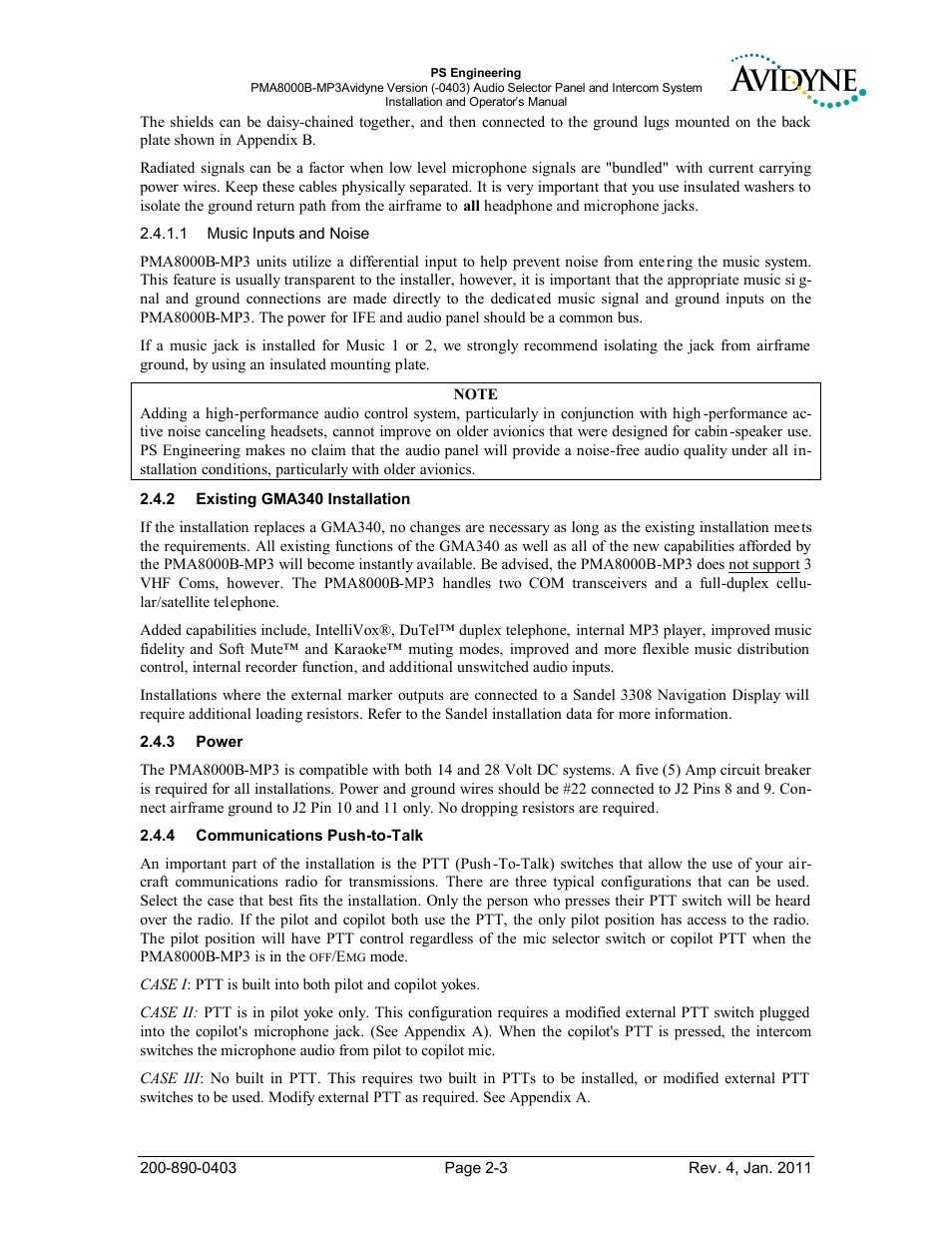 Existing gma340 installation, Power, Communications push-to-talk | Xisting, Gma340, Nstallation, Ower, Ommunications | PS Engineering PMA8000MP3-Avidyne User Manual | Page 10 / 41
