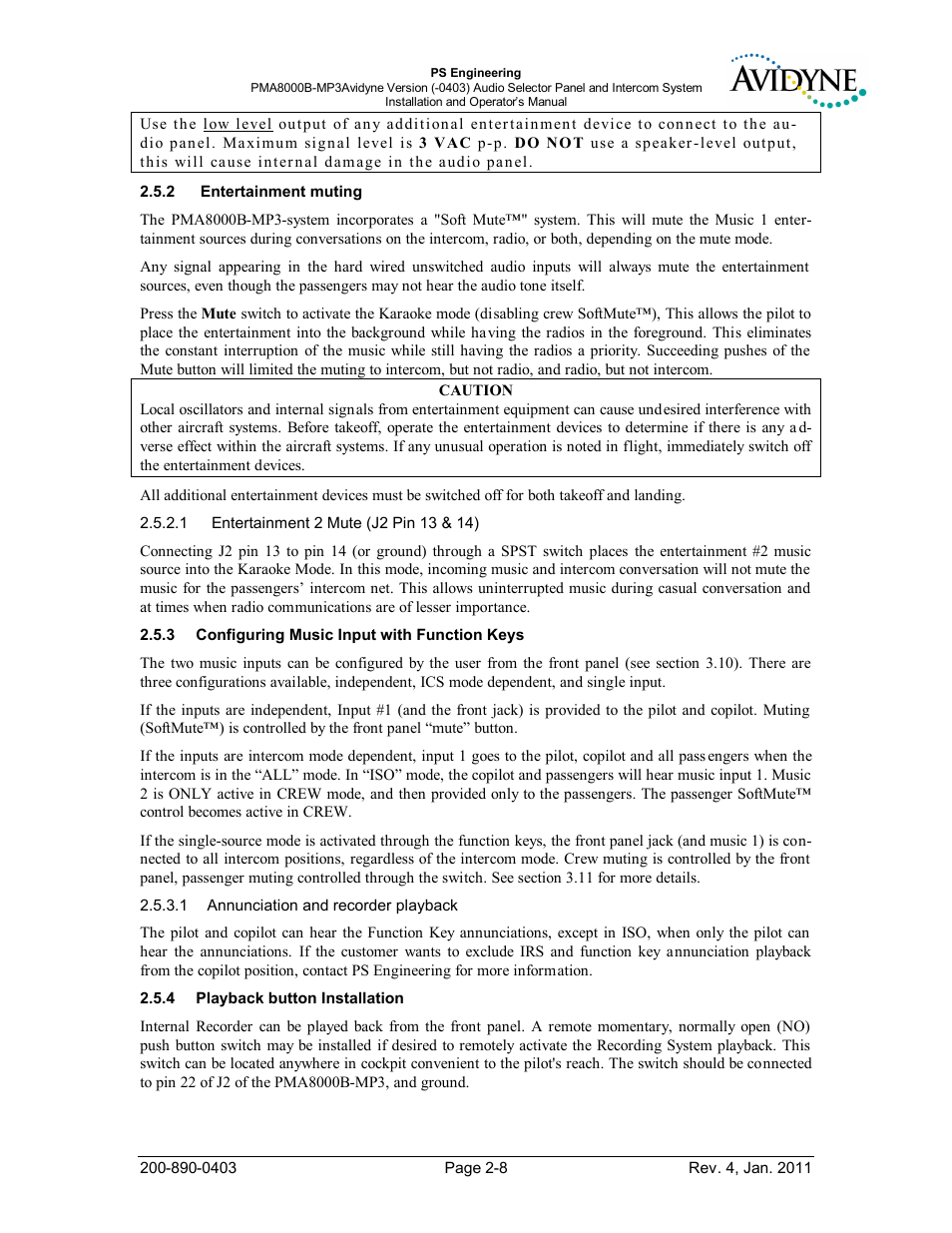 Entertainment muting, Configuring music input with function keys, Playback button installation | Ntertainment muting, Onfiguring, Usic, Nput with, Unction, Layback button, Nstallation | PS Engineering PMA8000MP3-Avidyne User Manual | Page 15 / 41