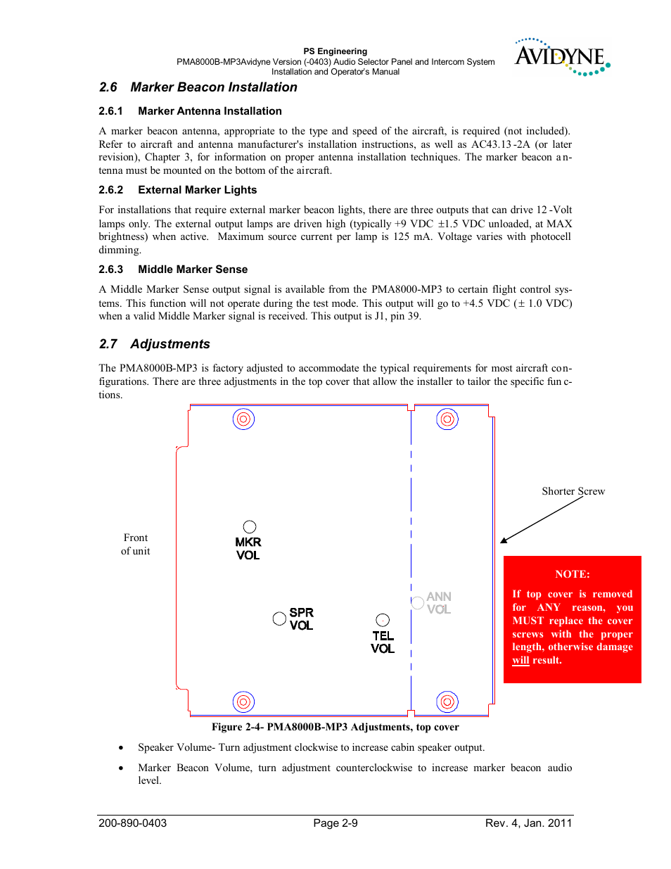 Marker beacon installation, Marker antenna installation, External marker lights | Middle marker sense, Adjustments, Arker, Eacon, Nstallation, Ntenna, Xternal | PS Engineering PMA8000MP3-Avidyne User Manual | Page 16 / 41