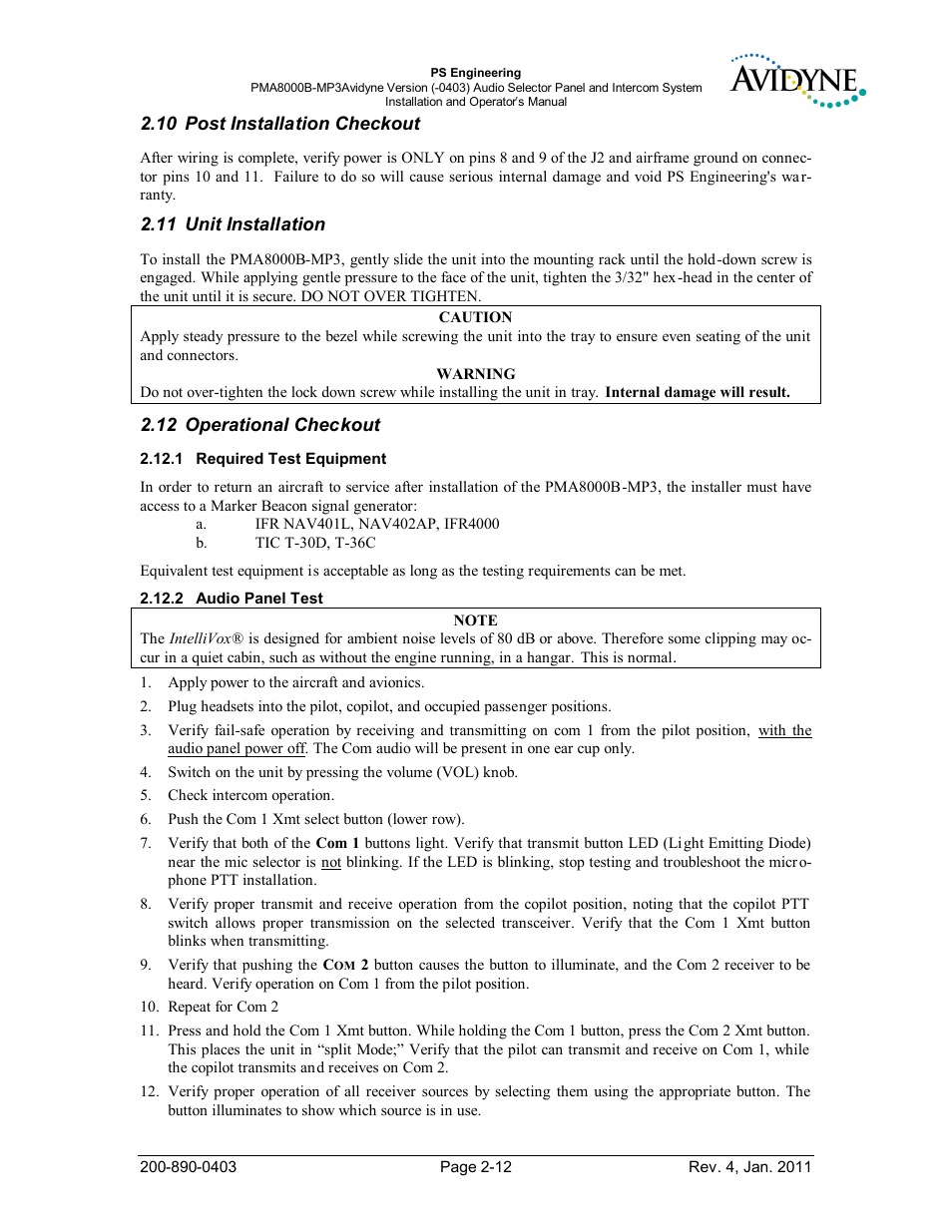 Post installation checkout, Unit installation, Operational checkout | Required test equipment, Audio panel test, Nstallation, Heckout, Perational, Equired, Quipment | PS Engineering PMA8000MP3-Avidyne User Manual | Page 19 / 41