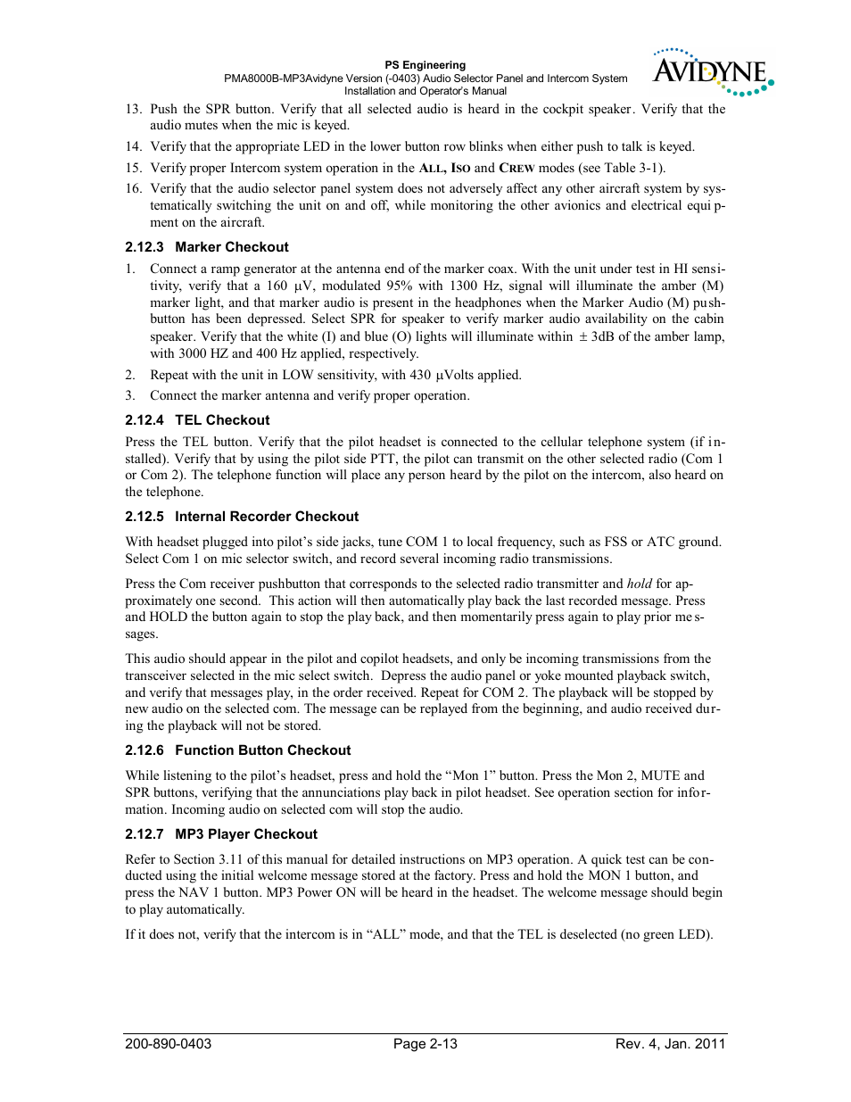Marker checkout, Tel checkout, Internal recorder checkout | Function button checkout, Mp3 player checkout, Arker, Heckout, Nternal, Ecorder, Unction | PS Engineering PMA8000MP3-Avidyne User Manual | Page 20 / 41