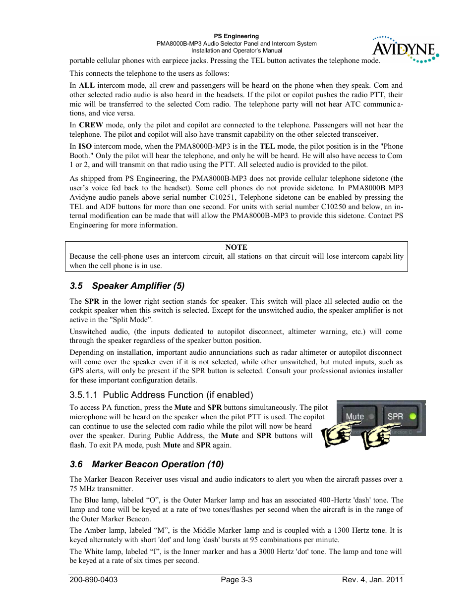 Speaker amplifier (5), Marker beacon operation (10), Peaker | Mplifier, Arker, Eacon, Peration | PS Engineering PMA8000MP3-Avidyne User Manual | Page 24 / 41