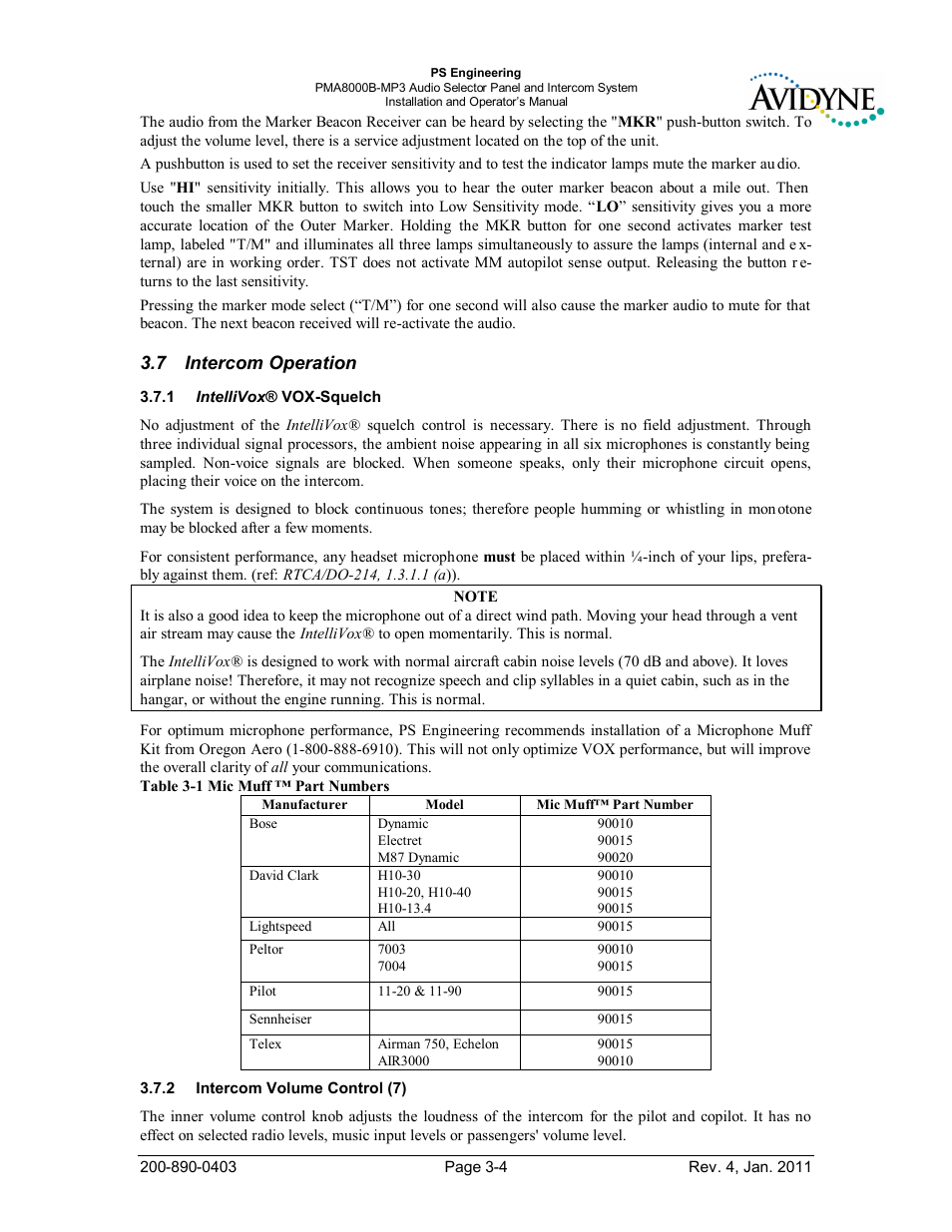 Intercom operation, Intellivox® vox-squelch, Intercom volume control (7) | Ntercom, Peration, Ntelli, Vox-s, Quelch, Olume, Ontrol | PS Engineering PMA8000MP3-Avidyne User Manual | Page 25 / 41
