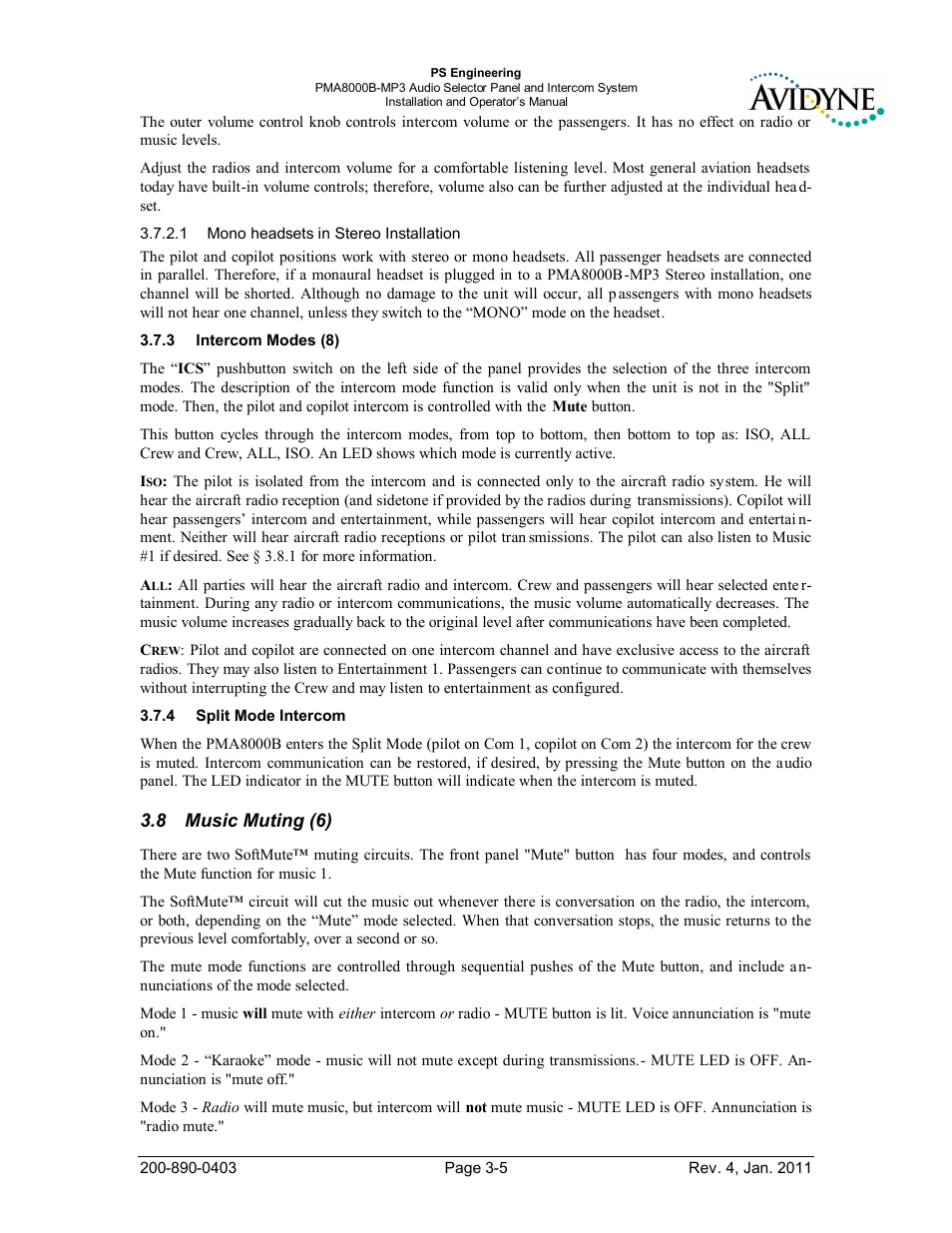 Intercom modes (8), Split mode intercom, Music muting (6) | Ntercom, Odes, Usic, Uting | PS Engineering PMA8000MP3-Avidyne User Manual | Page 26 / 41