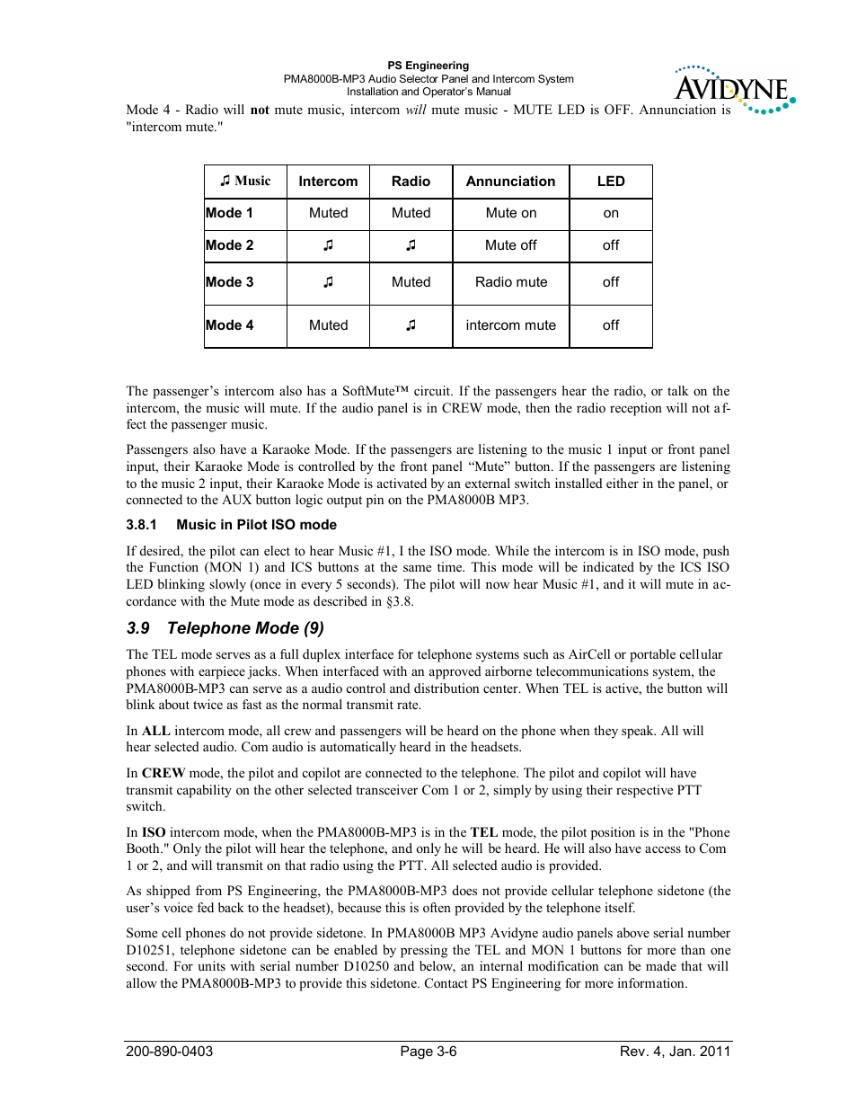 Music in pilot iso mode, Telephone mode (9), Elephone | PS Engineering PMA8000MP3-Avidyne User Manual | Page 27 / 41