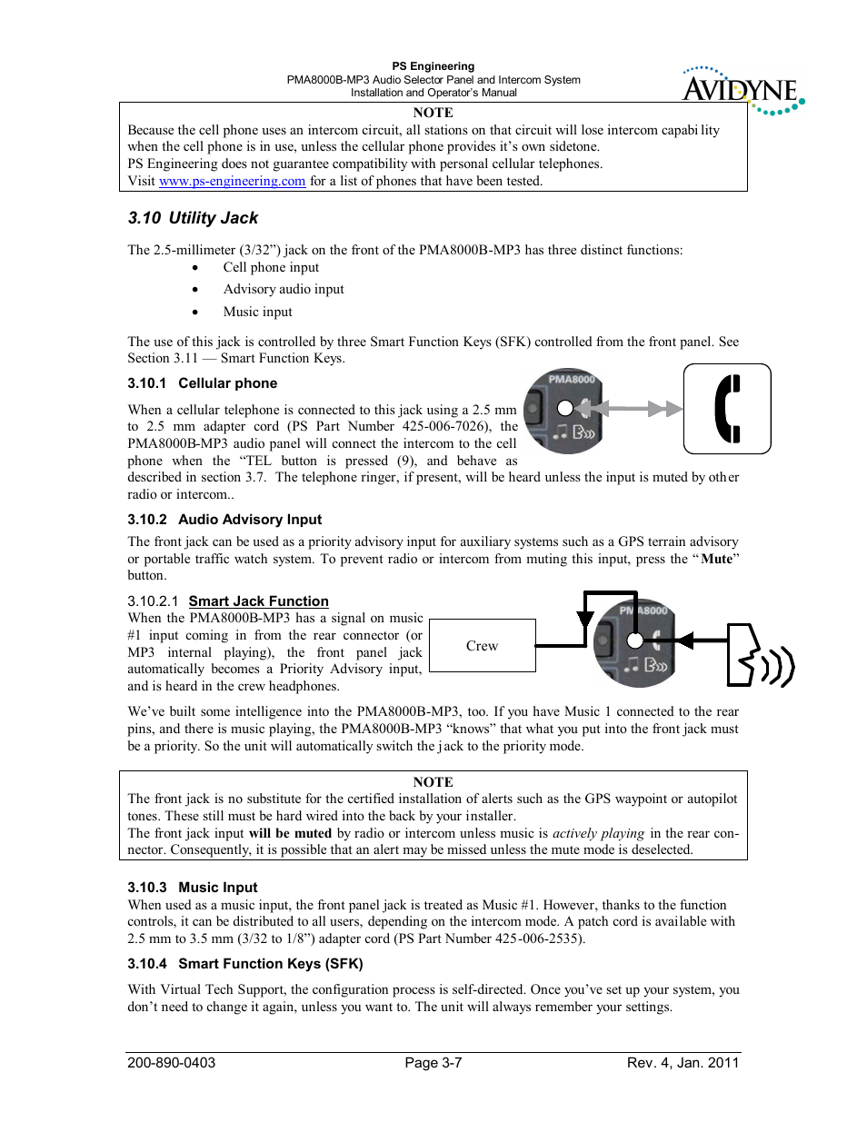 Utility jack, Cellular phone, Audio advisory input | Music input, Smart function keys (sfk), Tility, Ellular phone, Udio, Dvisory, Nput | PS Engineering PMA8000MP3-Avidyne User Manual | Page 28 / 41