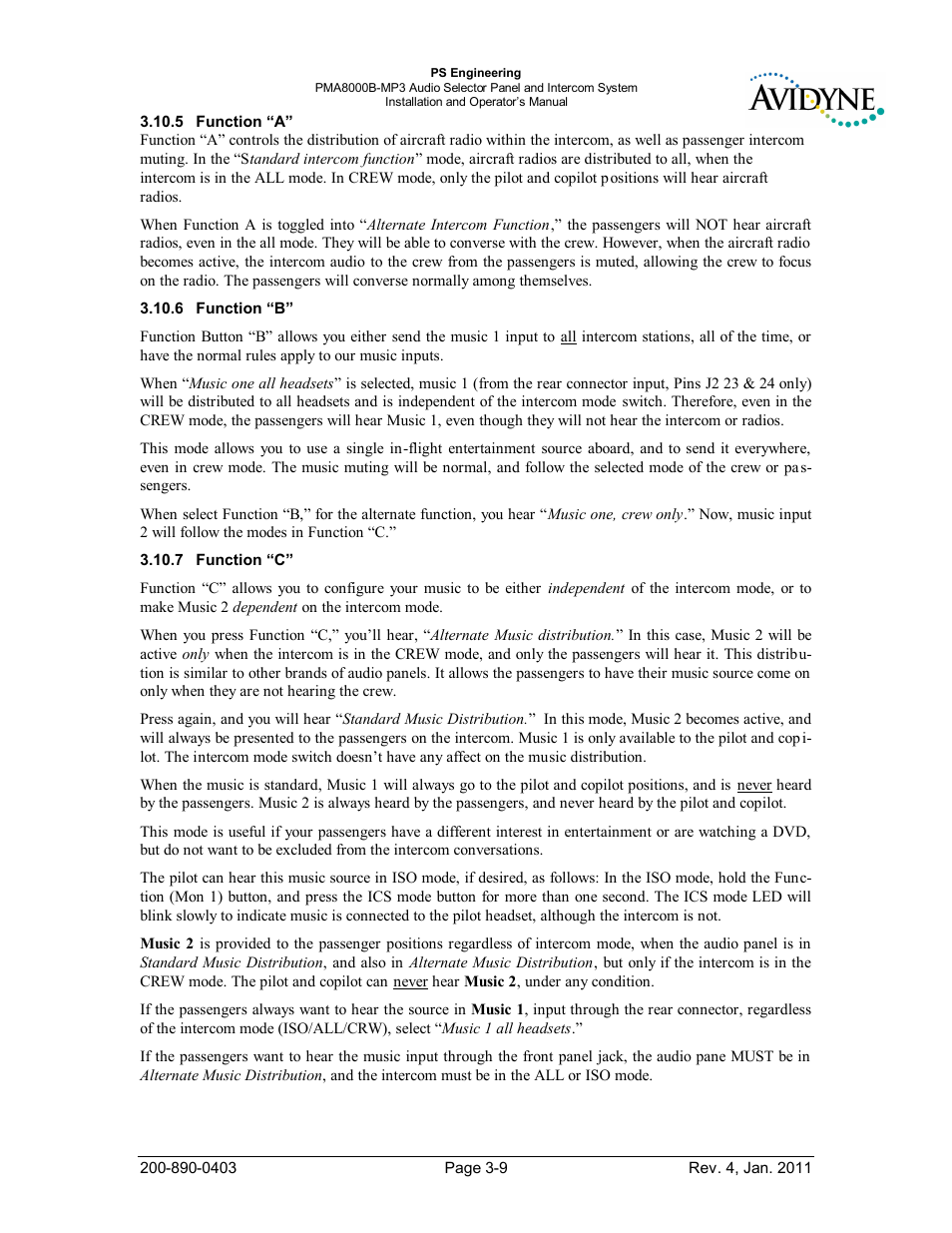 Function “a, Function “b, Function “c | Unction, A” -9, B” -9, C” -9 | PS Engineering PMA8000MP3-Avidyne User Manual | Page 30 / 41