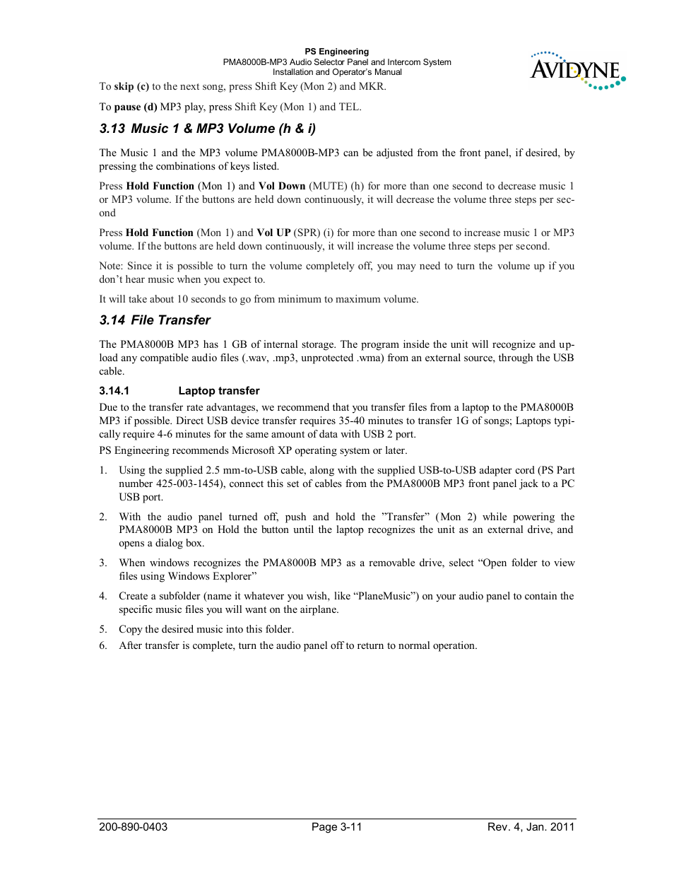 Music 1 & mp3 volume (h & i), File transfer, Laptop transfer | Usic, Olume, Ransfer, Aptop transfer | PS Engineering PMA8000MP3-Avidyne User Manual | Page 32 / 41