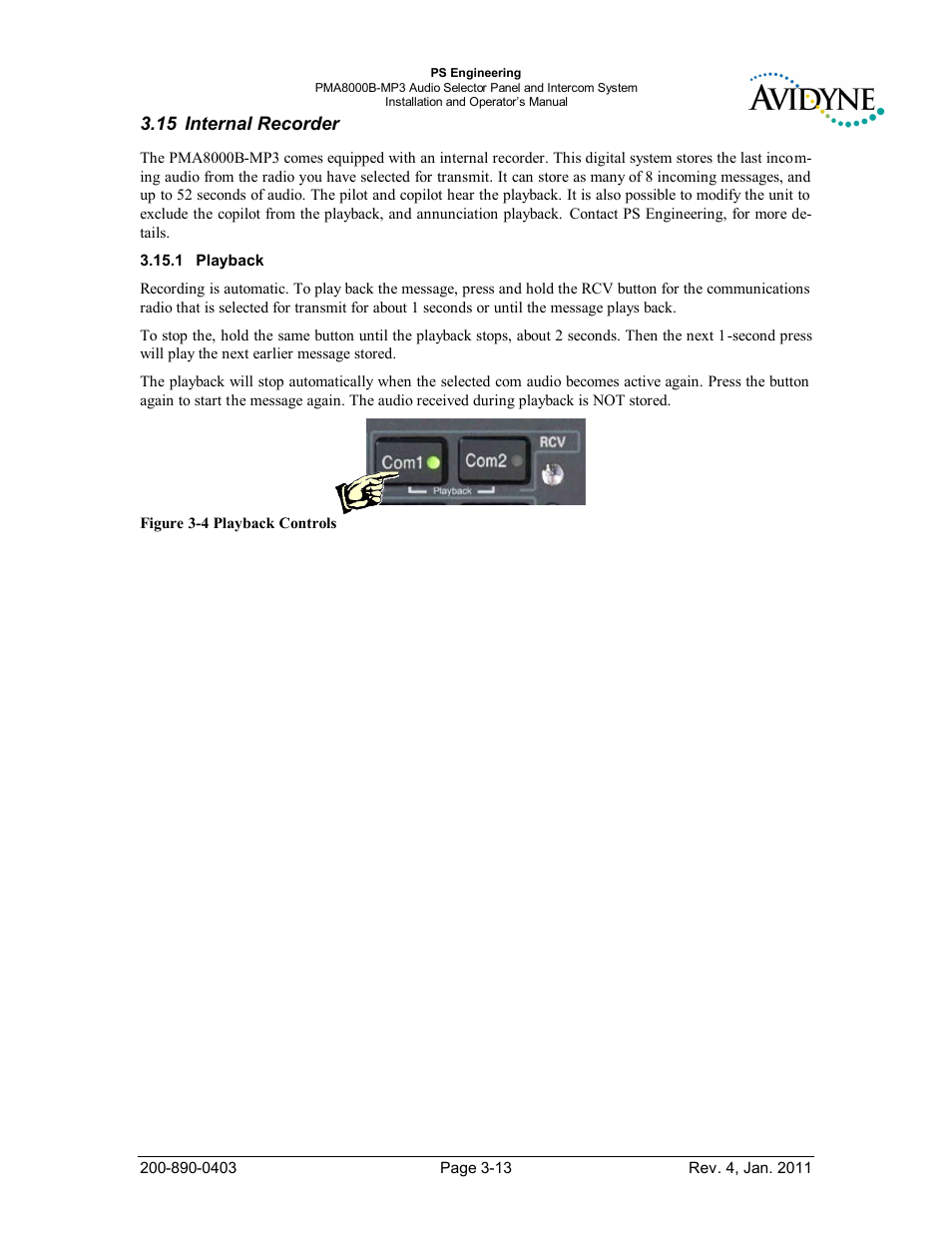 Internal recorder, Playback, Nternal | Ecorder, Layback | PS Engineering PMA8000MP3-Avidyne User Manual | Page 34 / 41